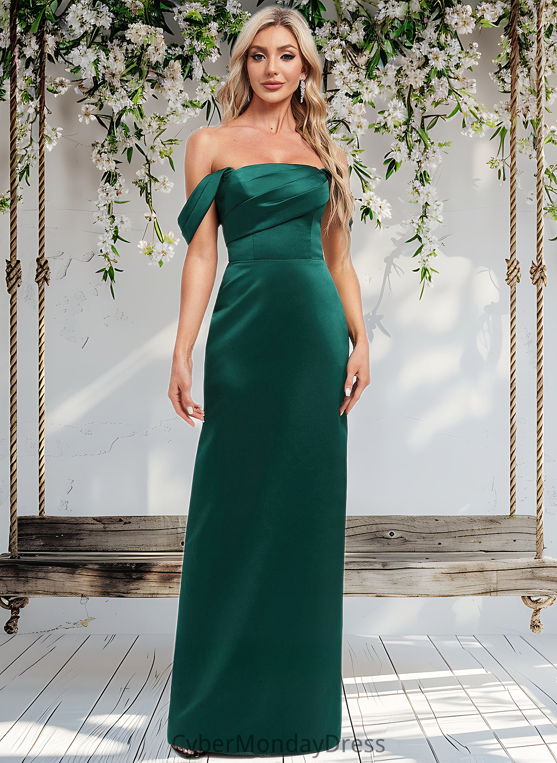 Kali Sheath/Column Off the Shoulder Floor-Length Satin Bridesmaid Dress DTP0025815