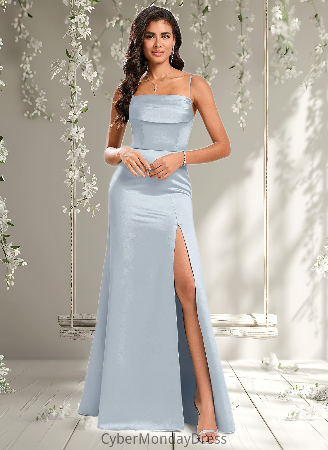 Peyton Trumpet/Mermaid Off the Shoulder Square Floor-Length Satin Prom Dresses With Ruffle DTP0025883