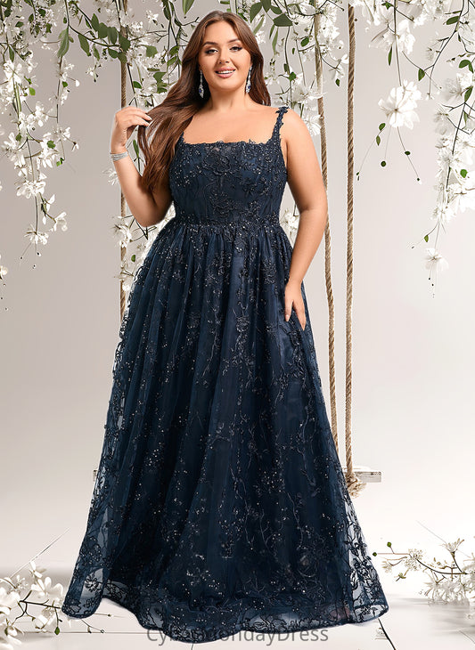 Princess A-line Square Floor-Length Organza Lace Floral Prom Dresses With Sequins DTP0025844