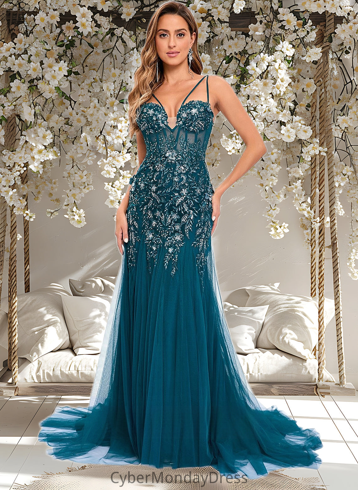 Addison Trumpet/Mermaid V-Neck Sweep Train Tulle Prom Dresses With Sequins Appliques Lace DTP0025853