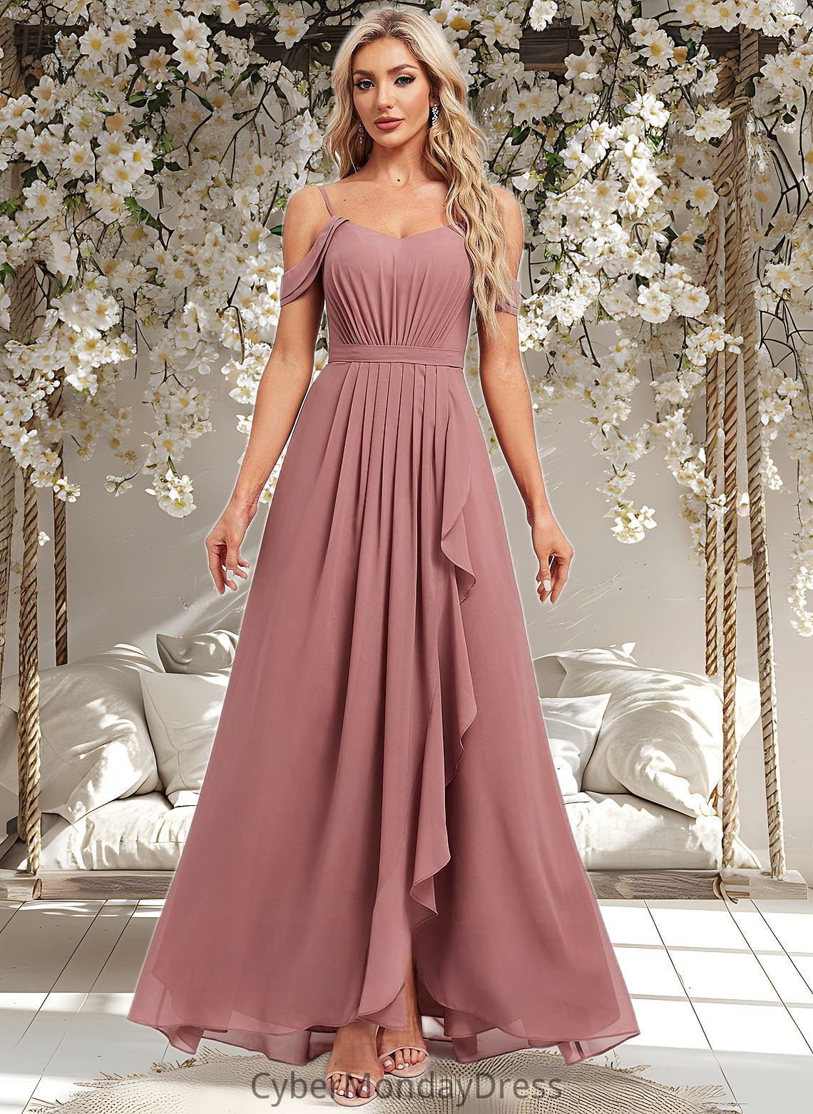 India A-line Cold Shoulder Asymmetrical Chiffon Bridesmaid Dress DTP0025823