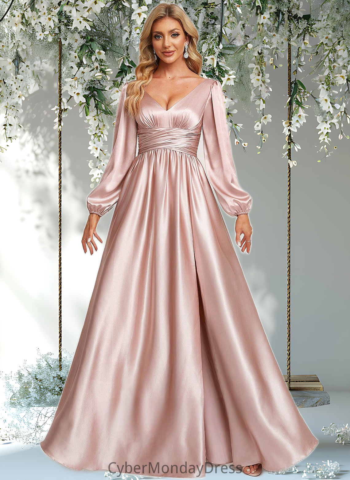 Anna A-line V-Neck Floor-Length Stretch Satin Prom Dresses DTP0025880