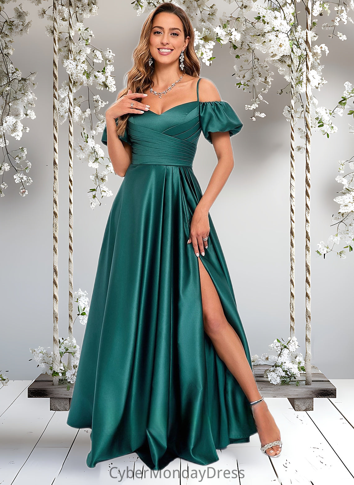 Isabela A-line Off the Shoulder Sweetheart Floor-Length Satin Prom Dresses DTP0025852