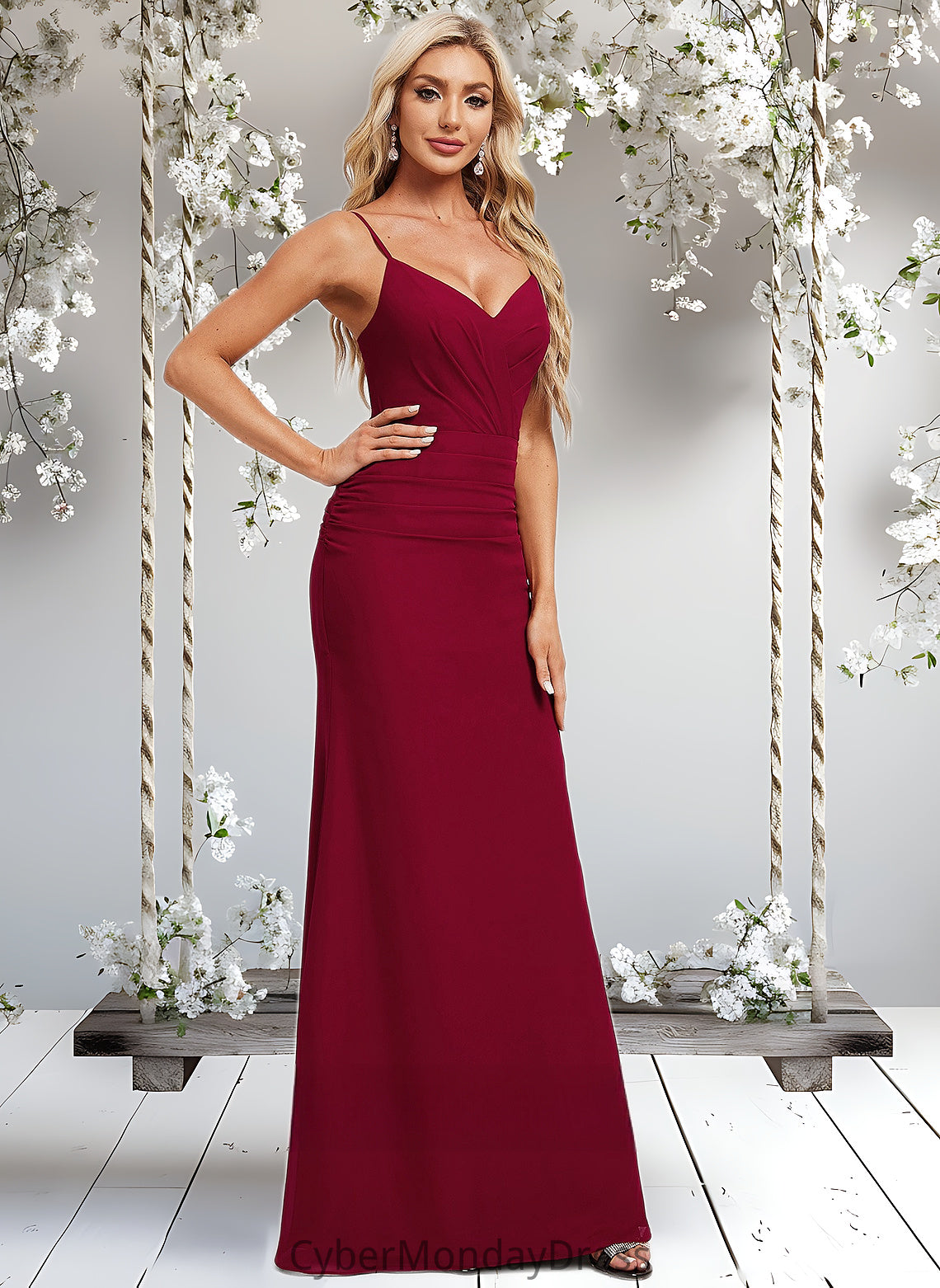 Yaretzi Trumpet/Mermaid V-Neck Floor-Length Chiffon Bridesmaid Dress DTP0025825