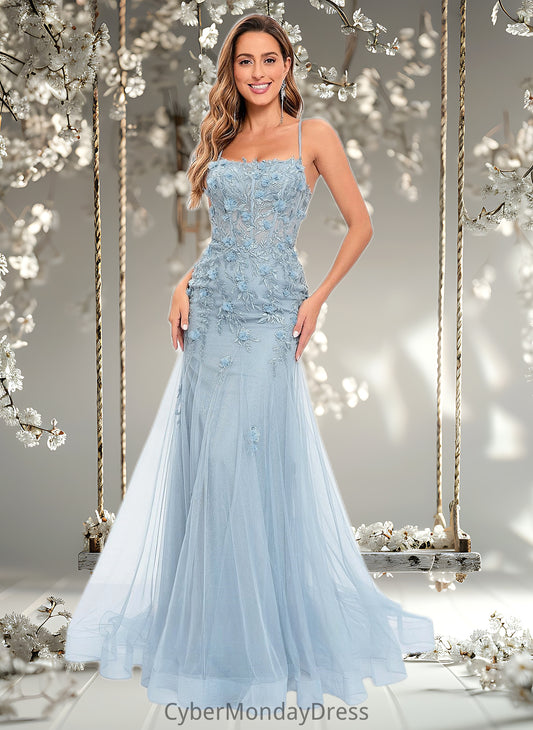 Everly Trumpet/Mermaid Straight Sweep Train Tulle Prom Dresses With Flower DTP0025866