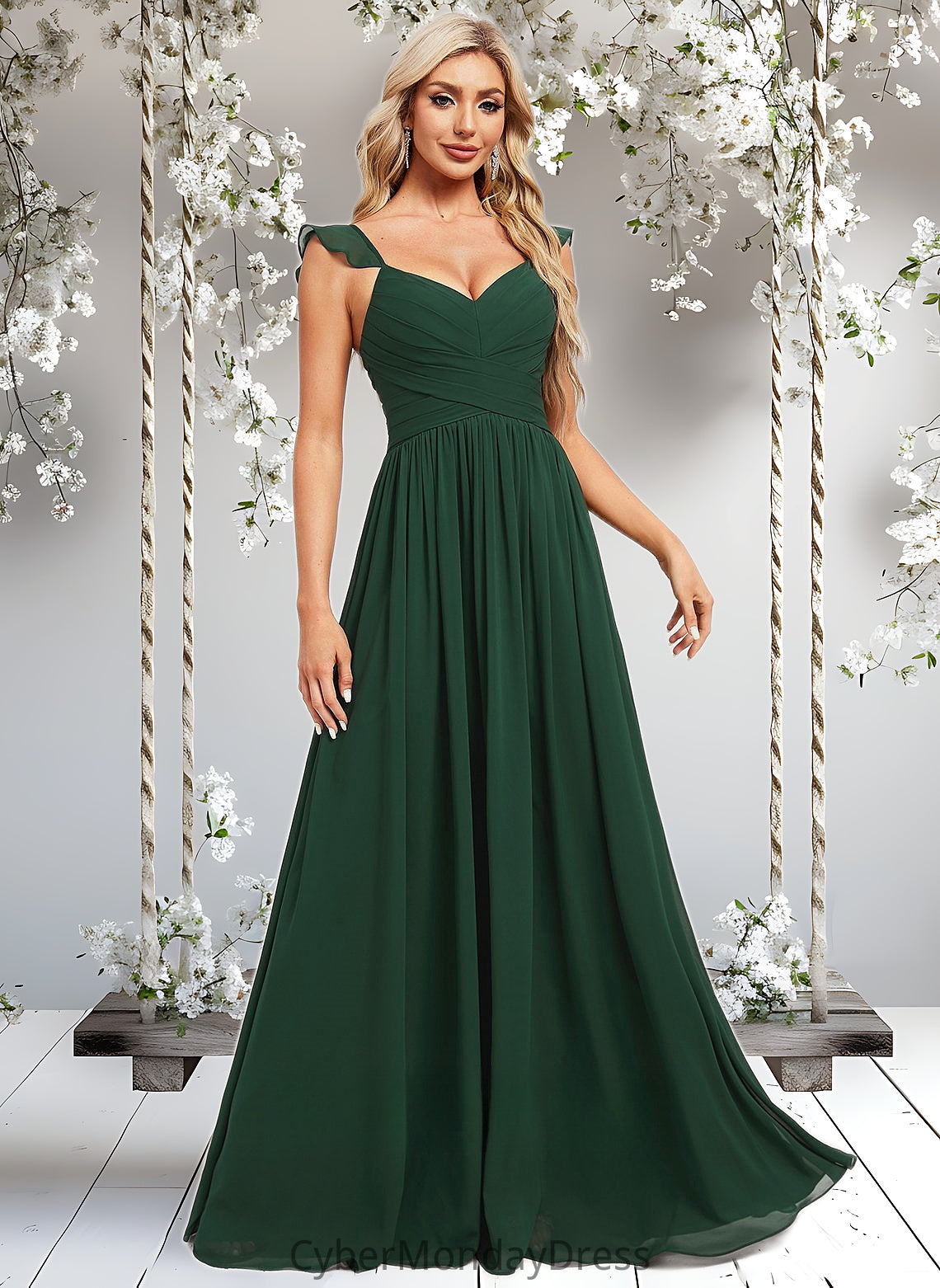 Hope A-line V-Neck Floor-Length Chiffon Bridesmaid Dress With Ruffle DTP0025811