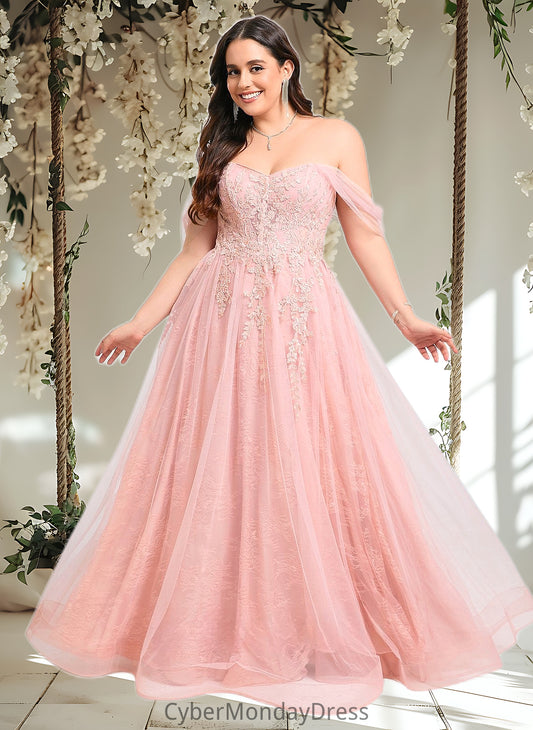 Diya A-line Sweetheart Off the Shoulder Floor-Length Tulle Floral Lace Prom Dresses With Appliques Lace DTP0025870