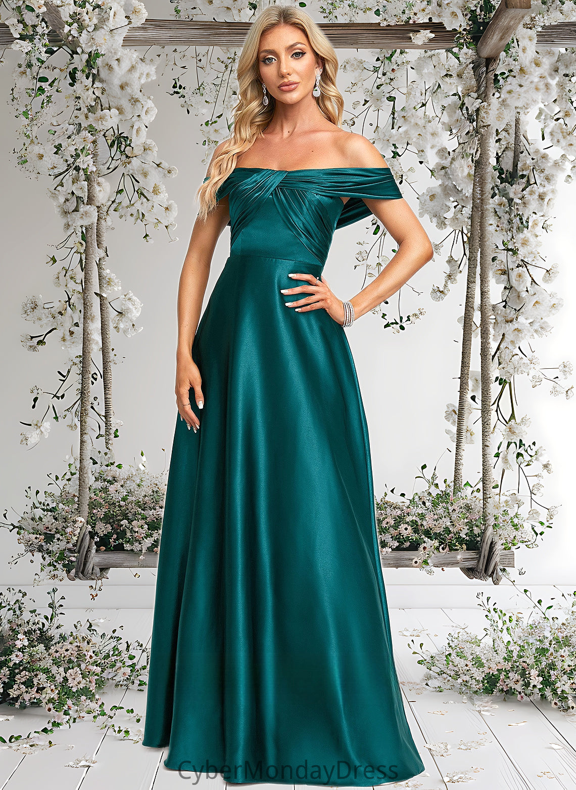 Joslyn A-line Off the Shoulder Floor-Length Stretch Satin Prom Dresses DTP0025879