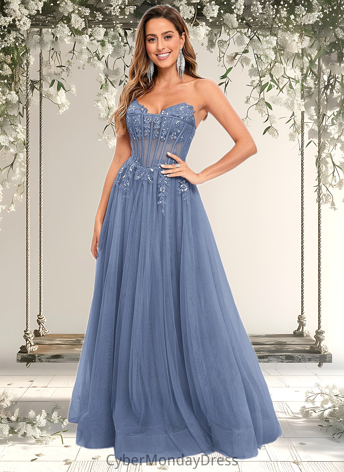 Morgan Ball-Gown/Princess V-Neck Floor-Length Tulle Prom Dresses With Sequins Appliques Lace DTP0025837