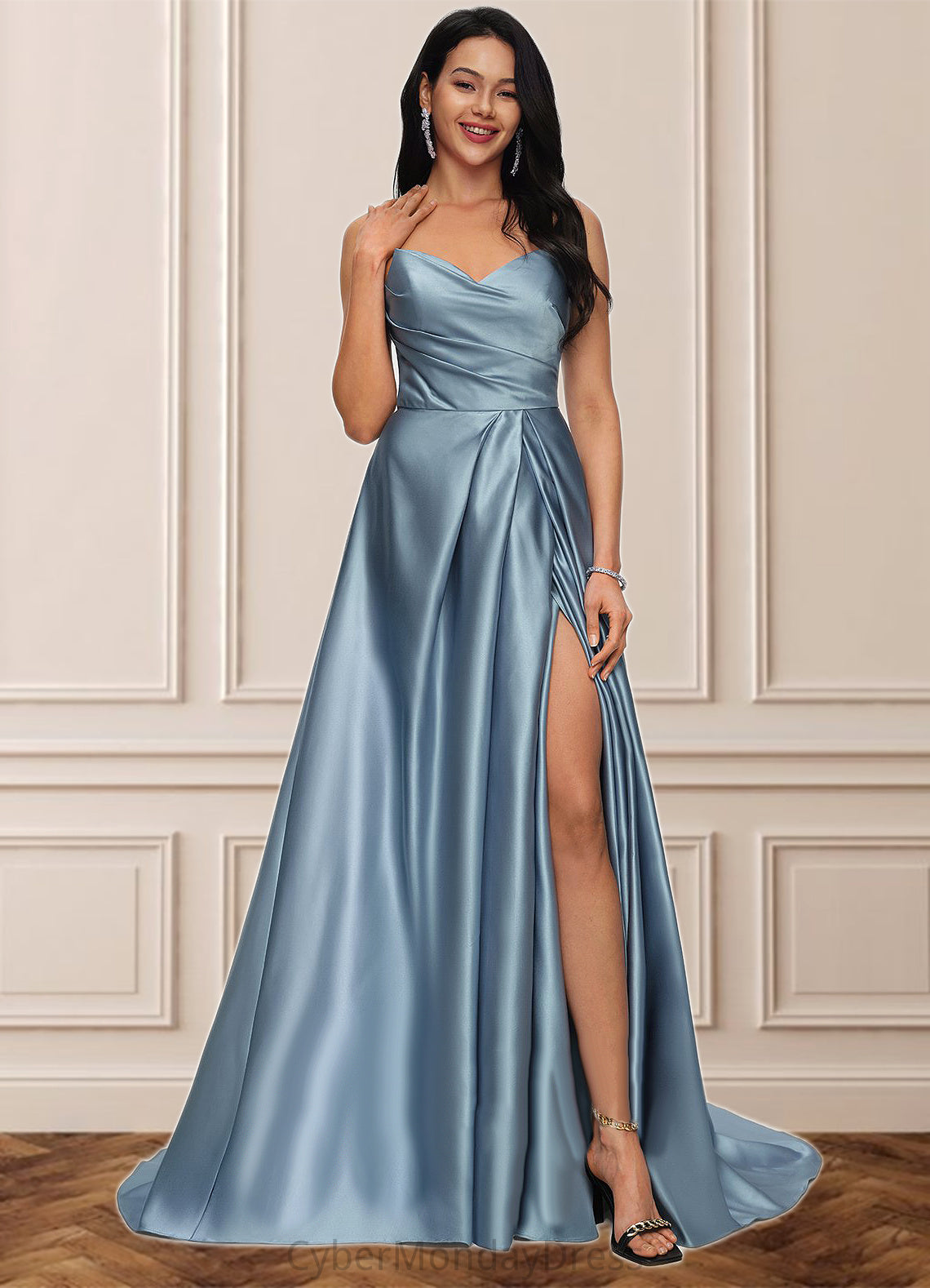 Autumn Ball-Gown/Princess V-Neck Sweep Train Satin Prom Dresses DTP0022191