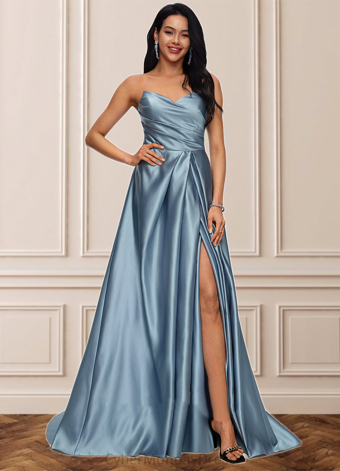 Autumn Ball-Gown/Princess V-Neck Sweep Train Satin Prom Dresses DTP0022191