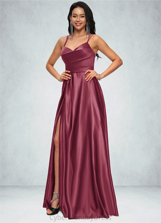 Bridget A-line V-Neck Floor-Length Satin Prom Dresses DTP0022197