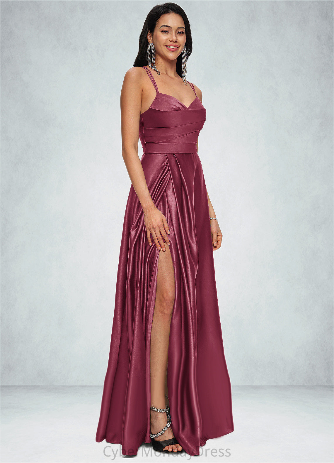 Bridget A-line V-Neck Floor-Length Satin Prom Dresses DTP0022197