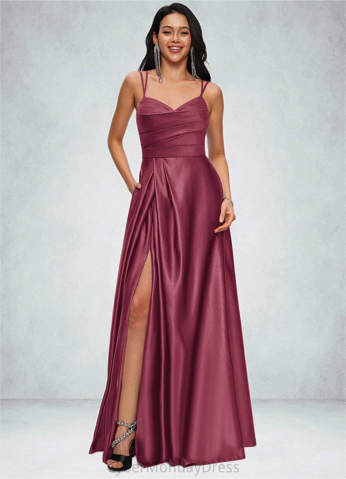 Bridget A-line V-Neck Floor-Length Satin Prom Dresses DTP0022197