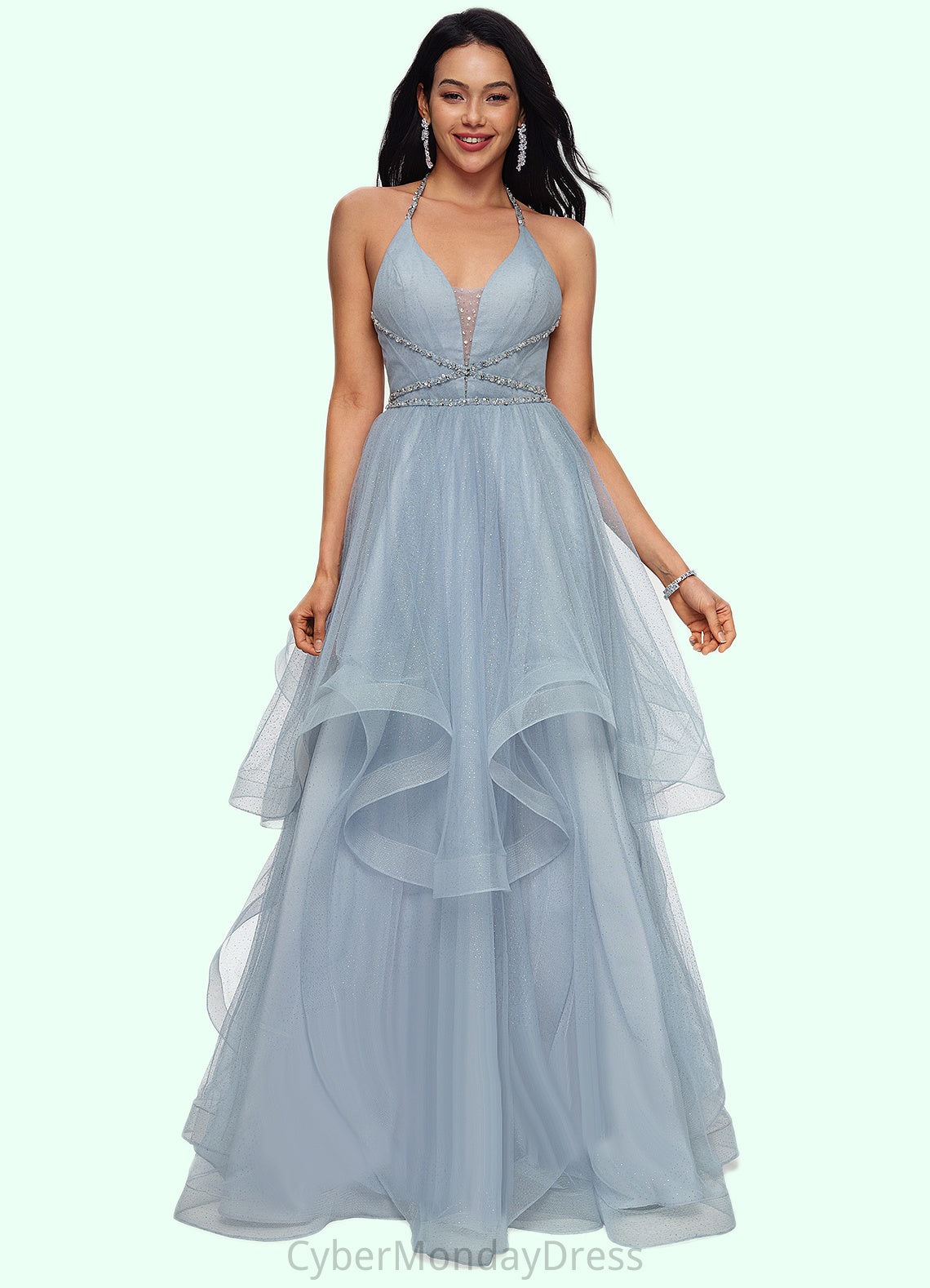 Clare Ball-Gown/Princess Halter V-Neck Floor-Length Tulle Prom Dresses With Beading Rhinestone Sequins DTP0022199