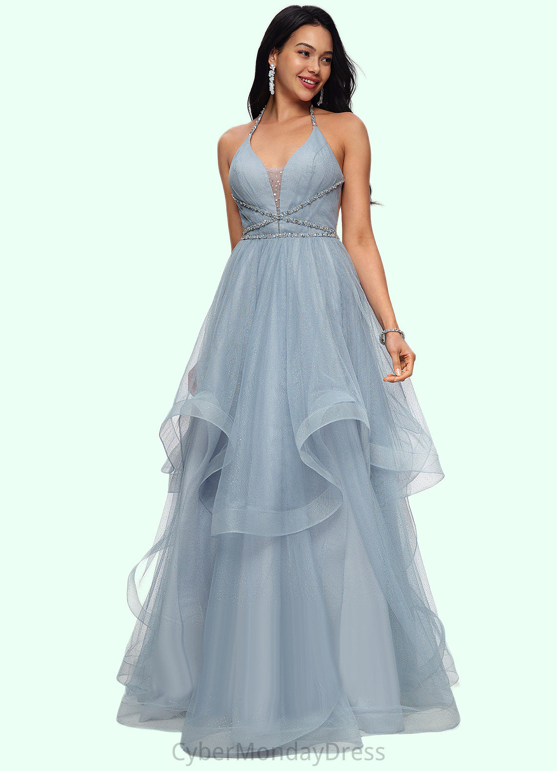 Clare Ball-Gown/Princess Halter V-Neck Floor-Length Tulle Prom Dresses With Beading Rhinestone Sequins DTP0022199