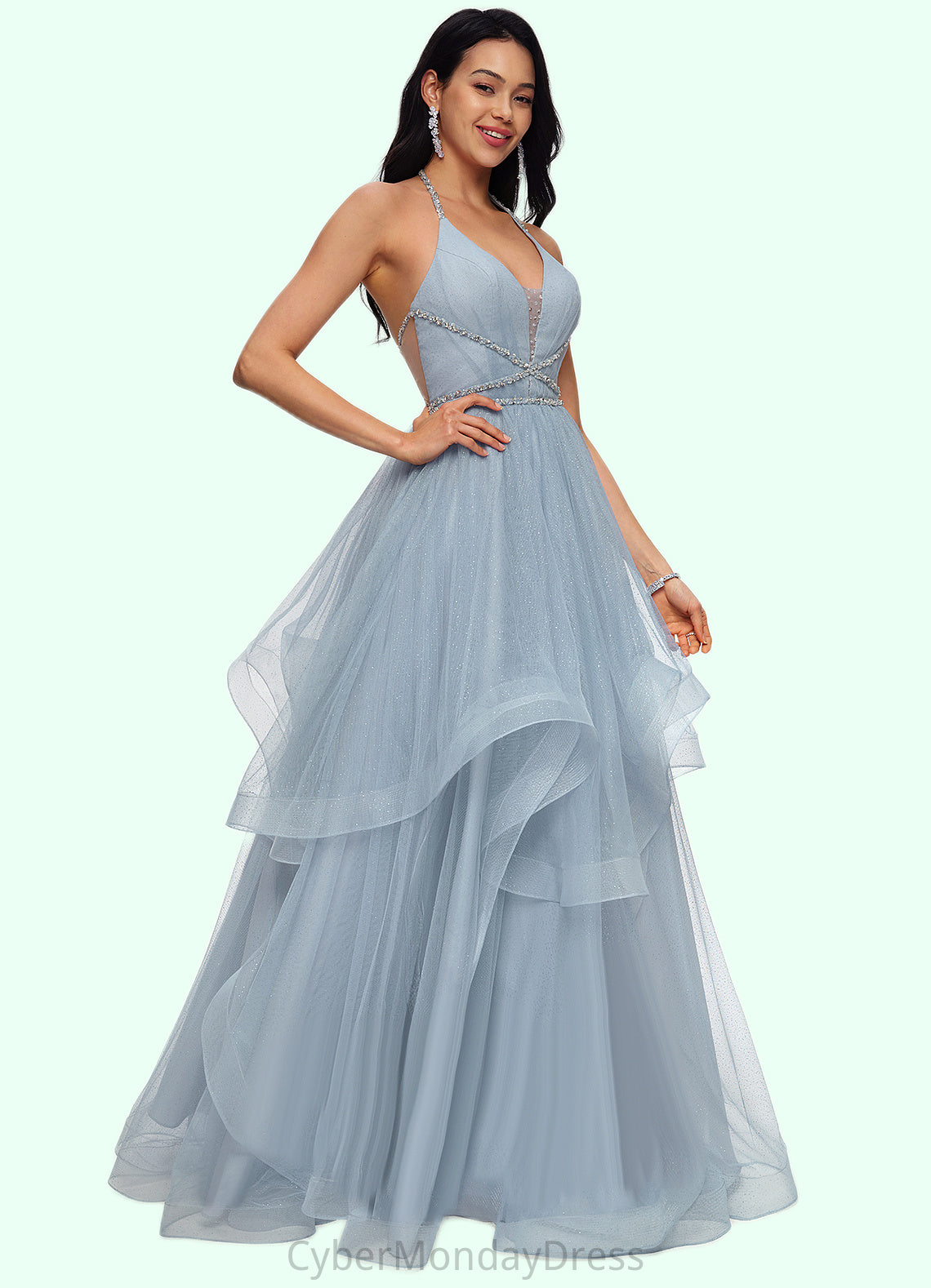 Clare Ball-Gown/Princess Halter V-Neck Floor-Length Tulle Prom Dresses With Beading Rhinestone Sequins DTP0022199