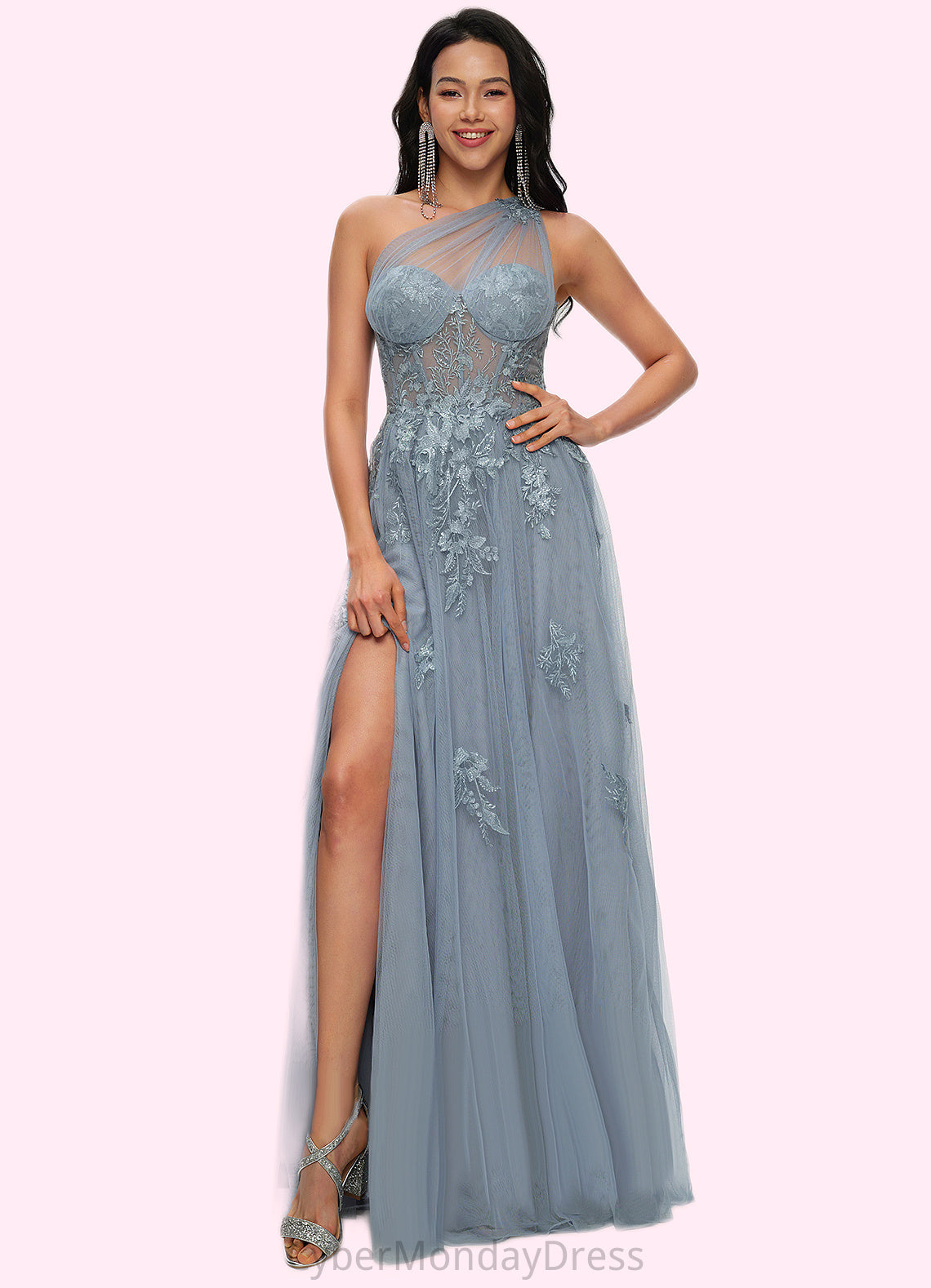 Xiomara A-line One Shoulder Floor-Length Tulle Prom Dresses With Appliques Lace Sequins DTP0022200