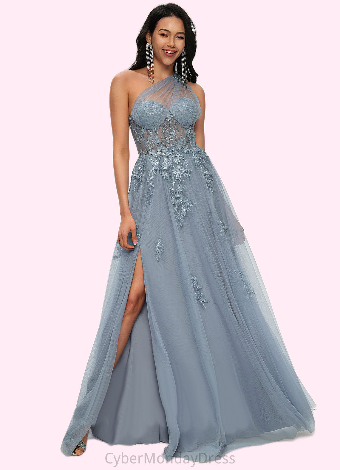 Xiomara A-line One Shoulder Floor-Length Tulle Prom Dresses With Appliques Lace Sequins DTP0022200