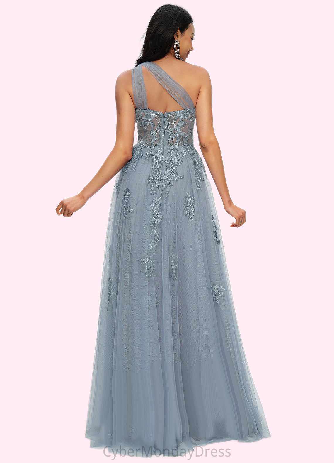 Xiomara A-line One Shoulder Floor-Length Tulle Prom Dresses With Appliques Lace Sequins DTP0022200