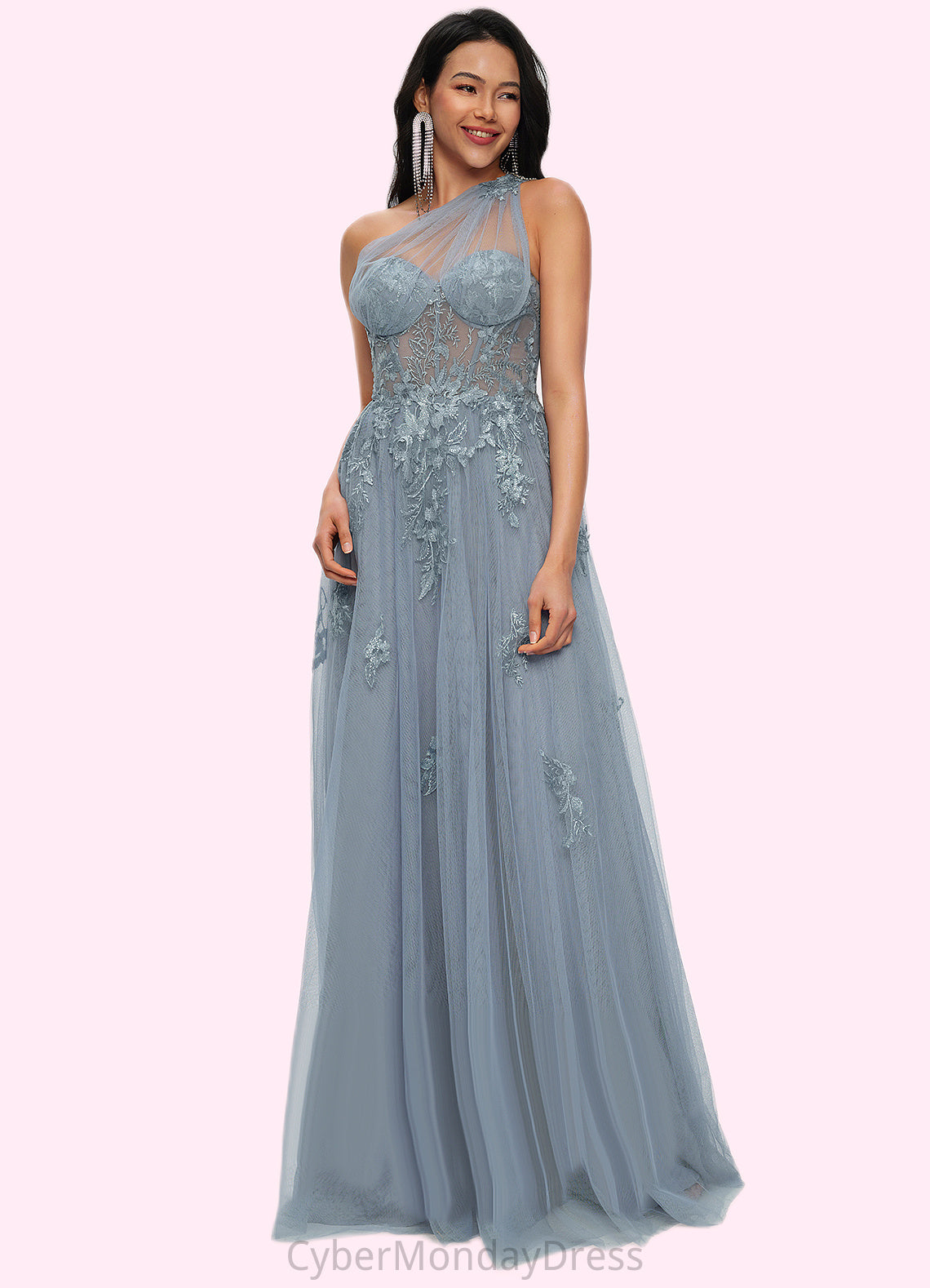 Xiomara A-line One Shoulder Floor-Length Tulle Prom Dresses With Appliques Lace Sequins DTP0022200