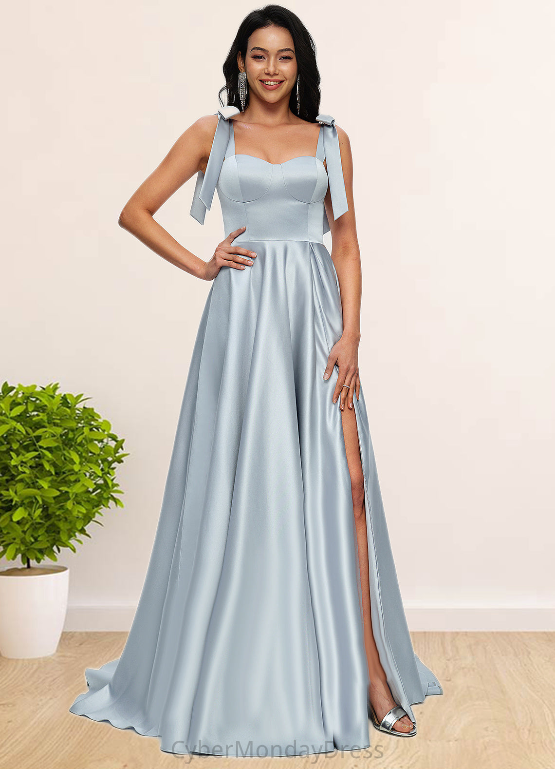 Makayla A-line Sweetheart Sweep Train Satin Prom Dresses With Bow DTP0022203