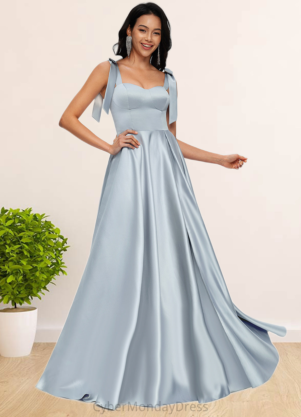 Makayla A-line Sweetheart Sweep Train Satin Prom Dresses With Bow DTP0022203