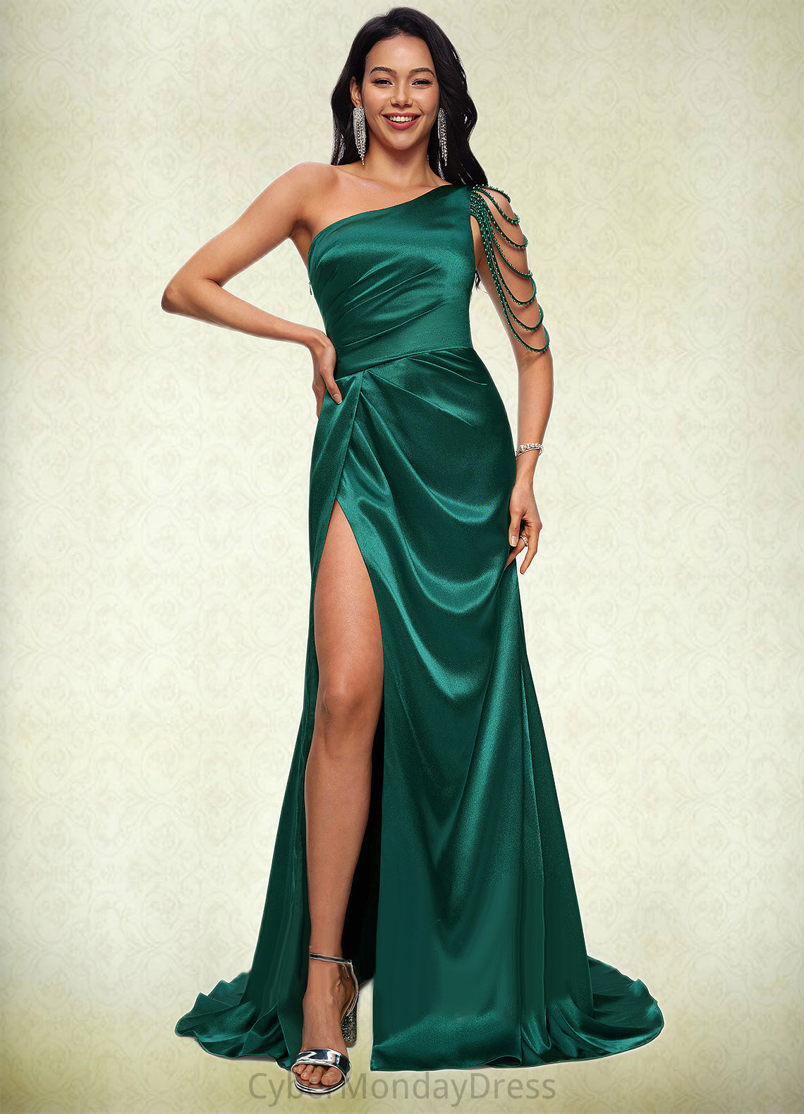 Hilary Trumpet/Mermaid One Shoulder Sweep Train Stretch Satin Prom Dresses With Beading DTP0022205