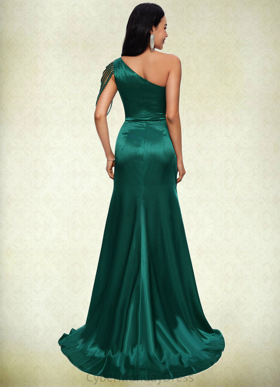 Hilary Trumpet/Mermaid One Shoulder Sweep Train Stretch Satin Prom Dresses With Beading DTP0022205