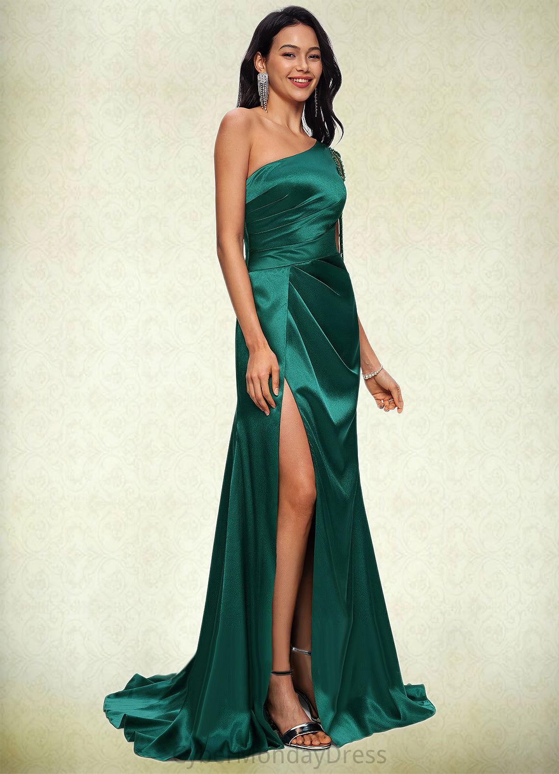 Hilary Trumpet/Mermaid One Shoulder Sweep Train Stretch Satin Prom Dresses With Beading DTP0022205