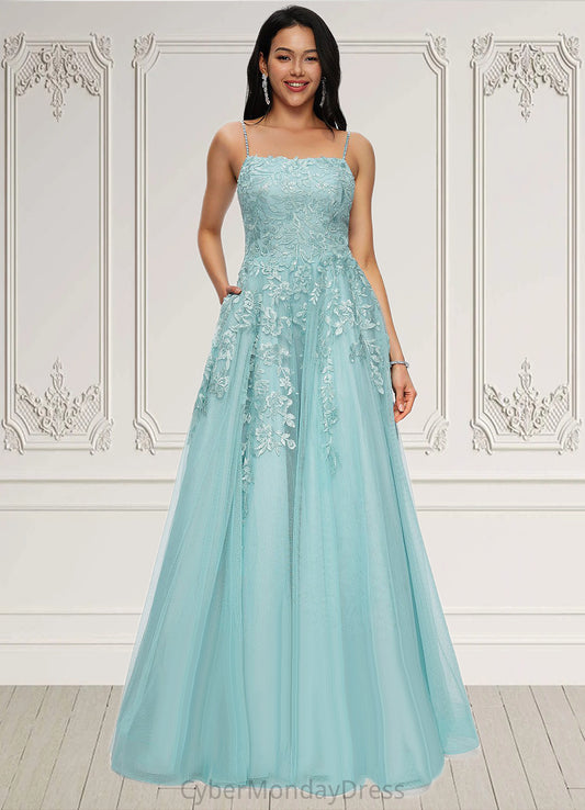 Lizbeth Ball-Gown/Princess Straight Floor-Length Tulle Prom Dresses With Appliques Lace Sequins DTP0022206