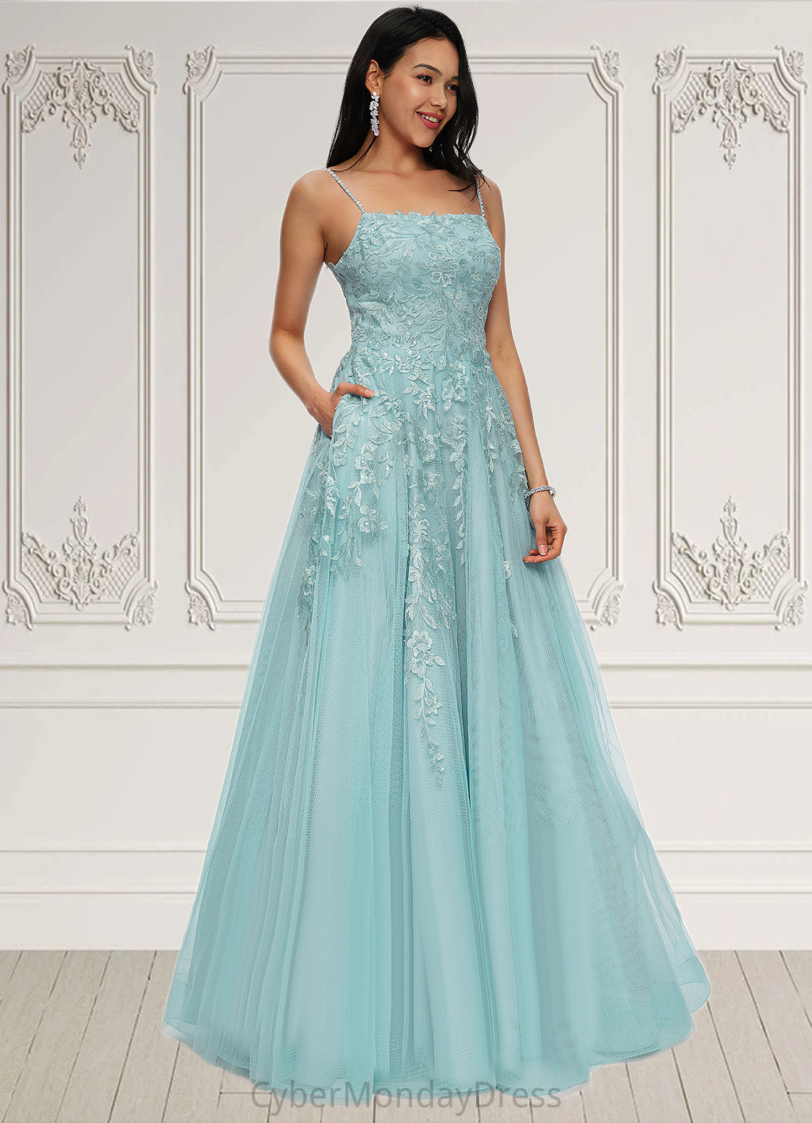 Lizbeth Ball-Gown/Princess Straight Floor-Length Tulle Prom Dresses With Appliques Lace Sequins DTP0022206