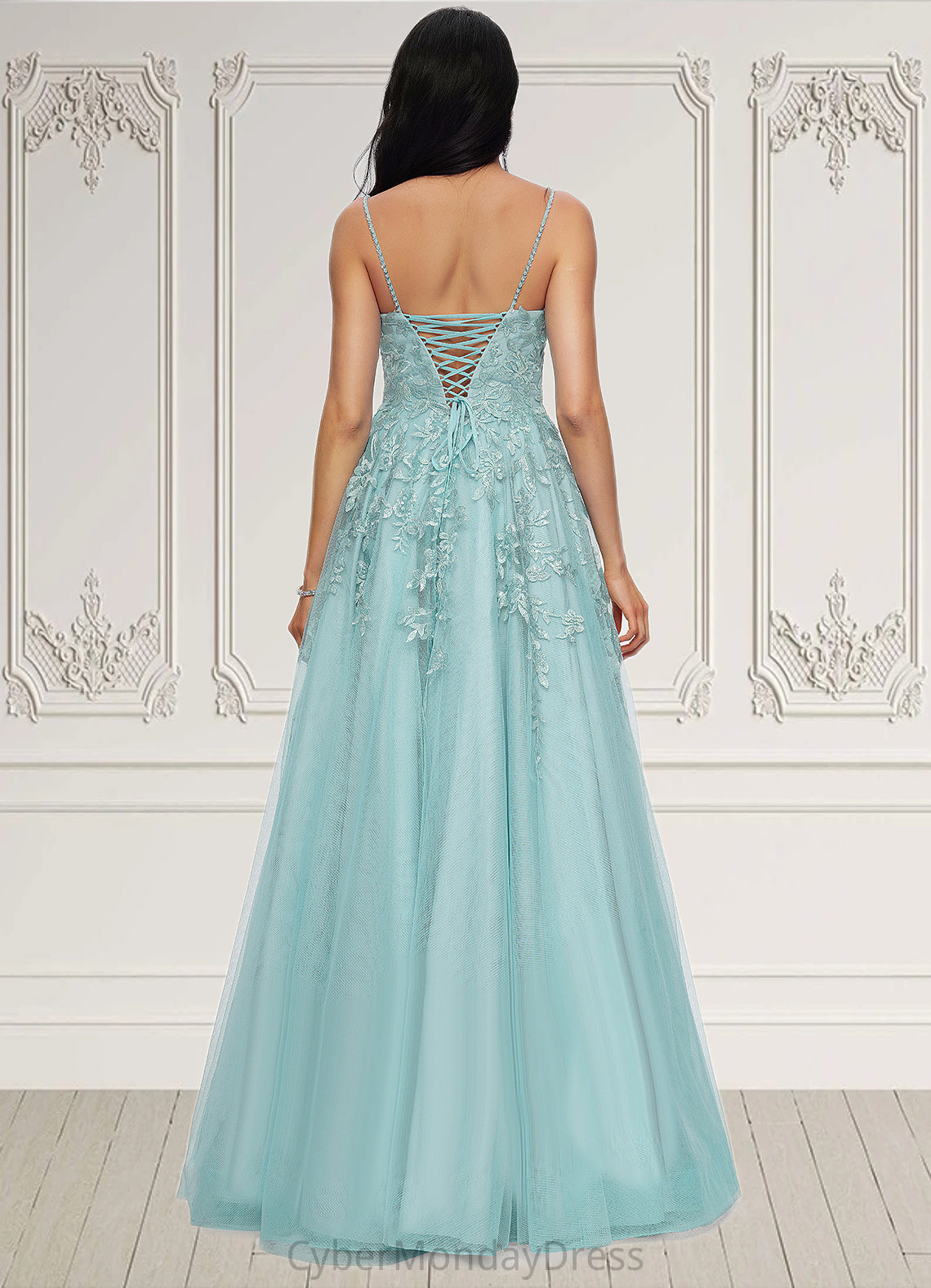 Lizbeth Ball-Gown/Princess Straight Floor-Length Tulle Prom Dresses With Appliques Lace Sequins DTP0022206