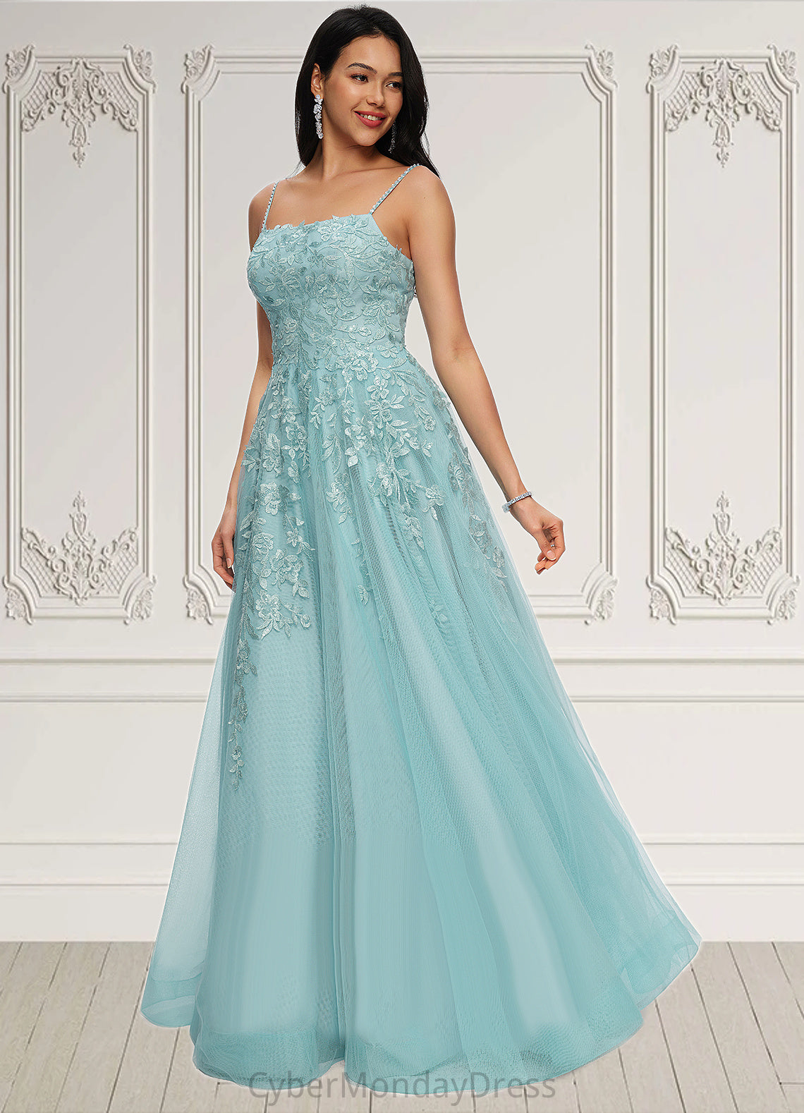 Lizbeth Ball-Gown/Princess Straight Floor-Length Tulle Prom Dresses With Appliques Lace Sequins DTP0022206