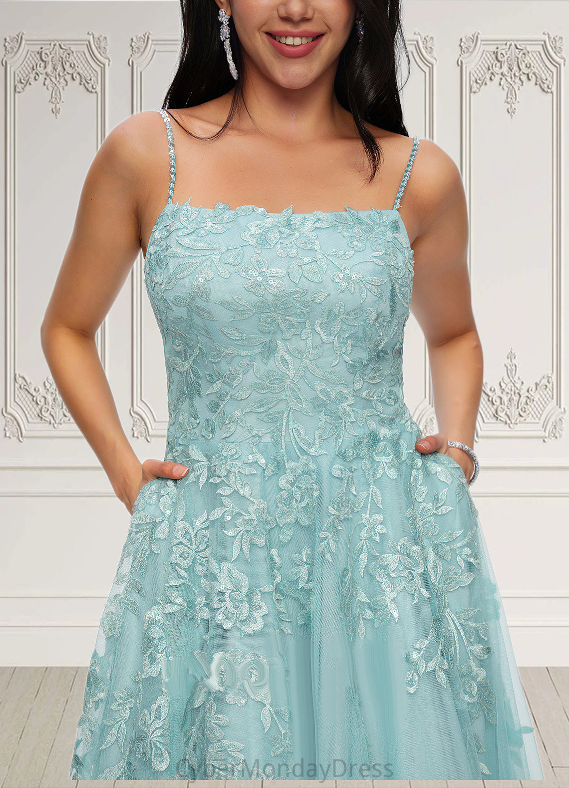 Lizbeth Ball-Gown/Princess Straight Floor-Length Tulle Prom Dresses With Appliques Lace Sequins DTP0022206