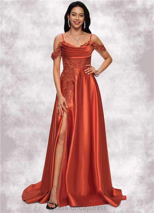 Kendall A-line Off the Shoulder Sweep Train Satin Prom Dresses With Rhinestone DTP0022208