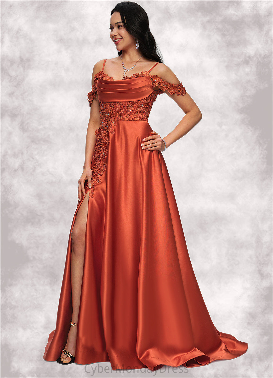 Kendall A-line Off the Shoulder Sweep Train Satin Prom Dresses With Rhinestone DTP0022208