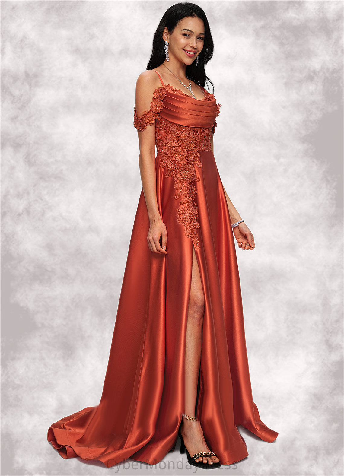 Kendall A-line Off the Shoulder Sweep Train Satin Prom Dresses With Rhinestone DTP0022208