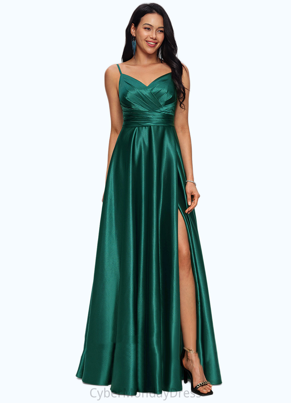 Liz A-line V-Neck Floor-Length Stretch Satin Prom Dresses DTP0022211