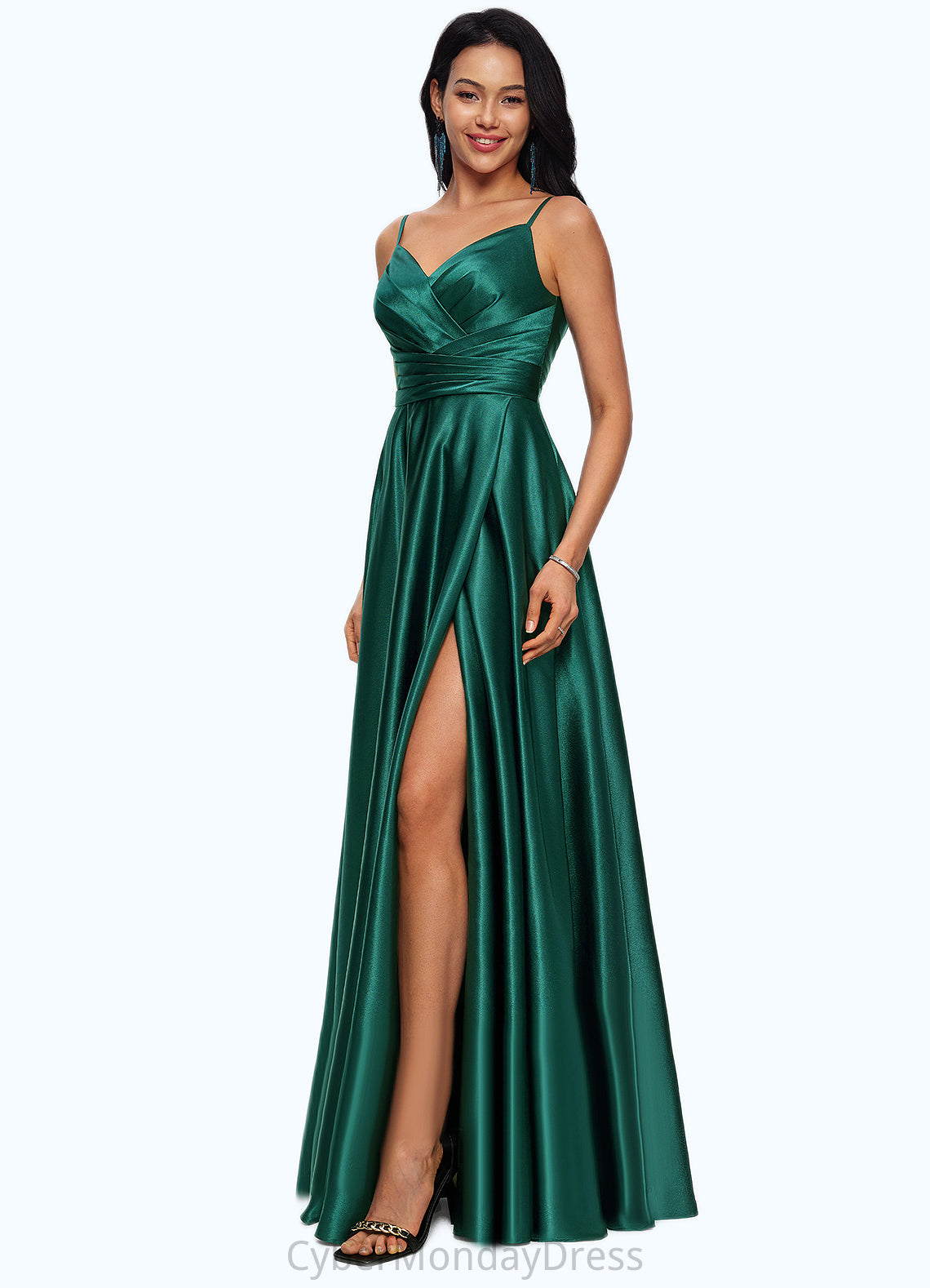 Liz A-line V-Neck Floor-Length Stretch Satin Prom Dresses DTP0022211