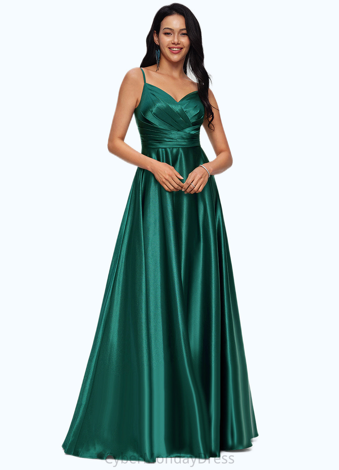 Liz A-line V-Neck Floor-Length Stretch Satin Prom Dresses DTP0022211