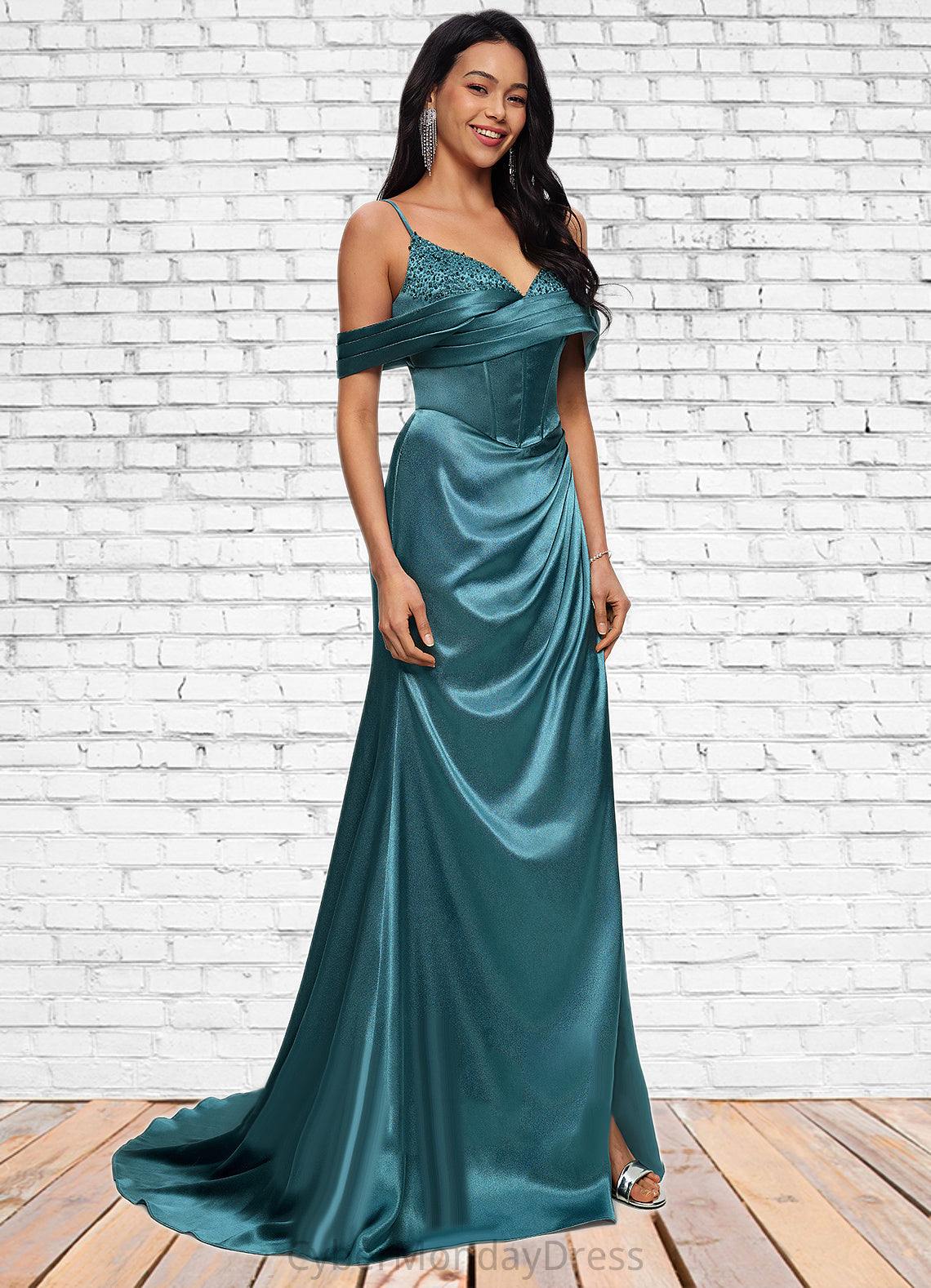 Mikayla Trumpet/Mermaid V-Neck Sweep Train Stretch Satin Prom Dresses With Beading Rhinestone Sequins DTP0022213