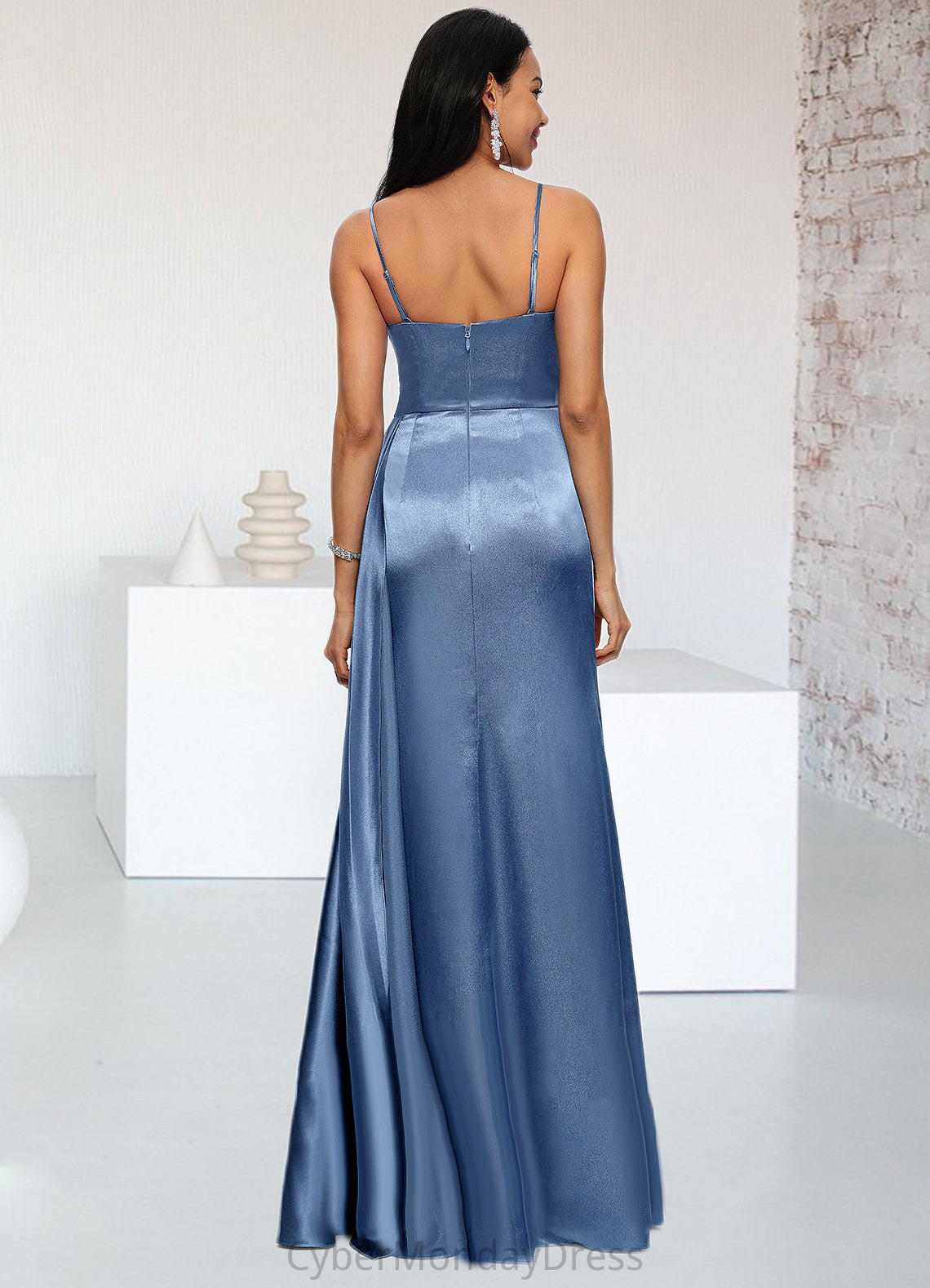 Lindsay Sheath/Column V-Neck Floor-Length Stretch Satin Prom Dresses With Pleated DTP0022214