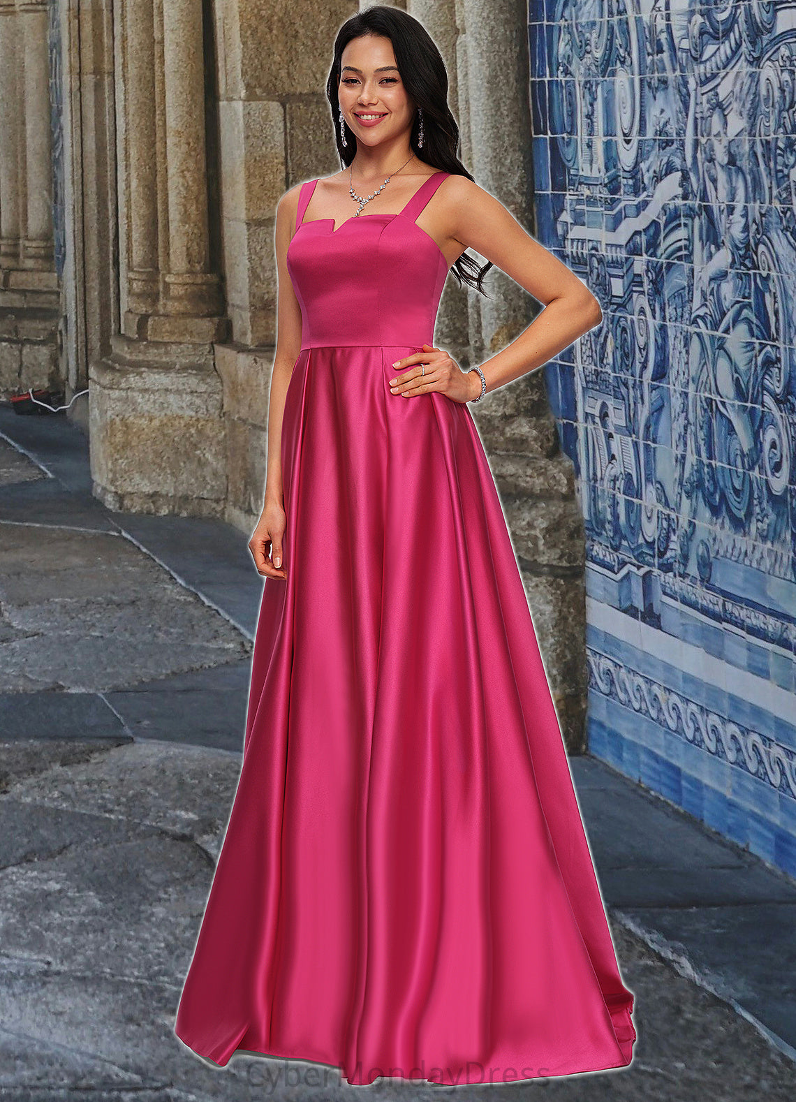 Nevaeh Ball-Gown/Princess V-Neck Sweep Train Satin Prom Dresses DTP0022215