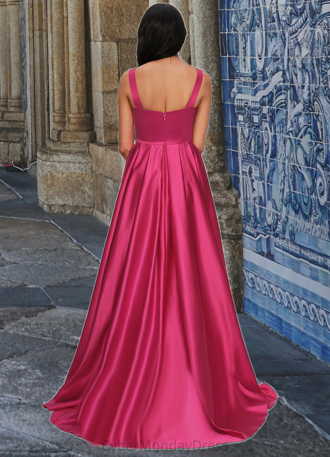 Nevaeh Ball-Gown/Princess V-Neck Sweep Train Satin Prom Dresses DTP0022215