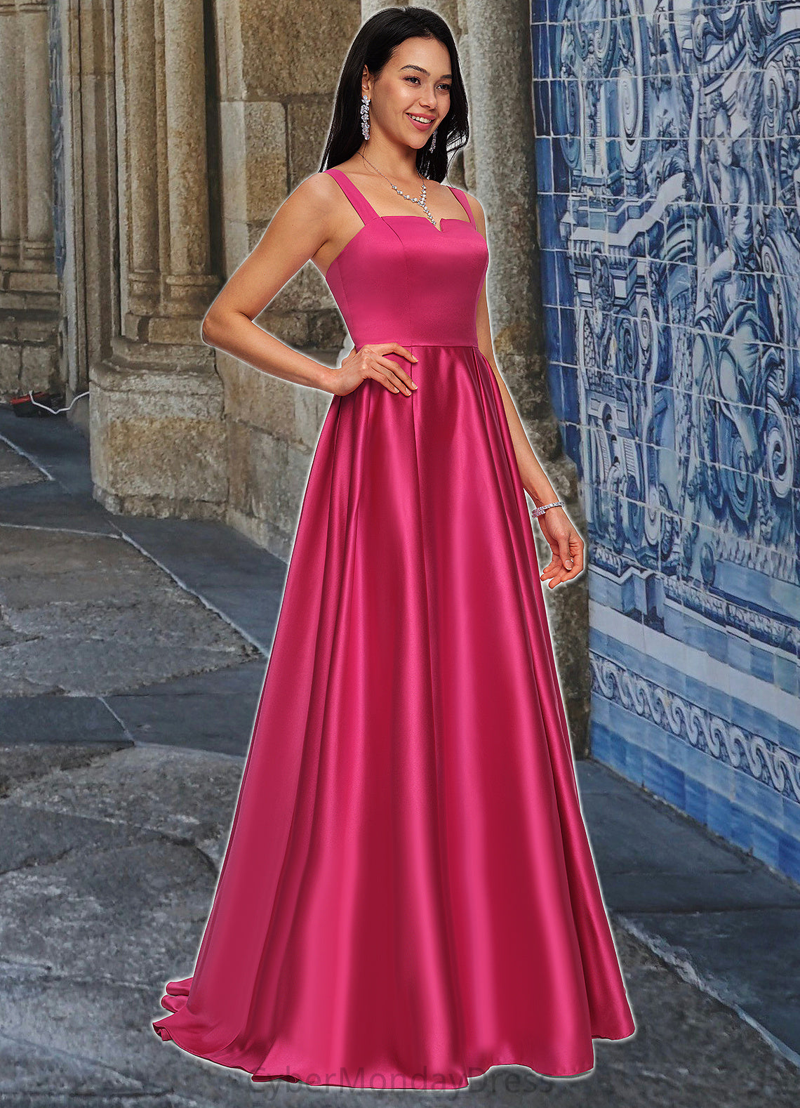 Nevaeh Ball-Gown/Princess V-Neck Sweep Train Satin Prom Dresses DTP0022215