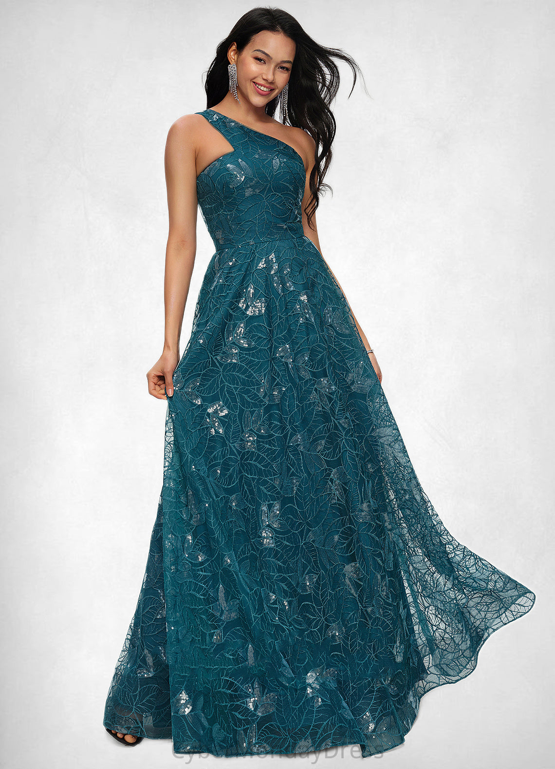 Audrey A-line Asymmetrical Floor-Length Lace Prom Dresses With Sequins DTP0022219