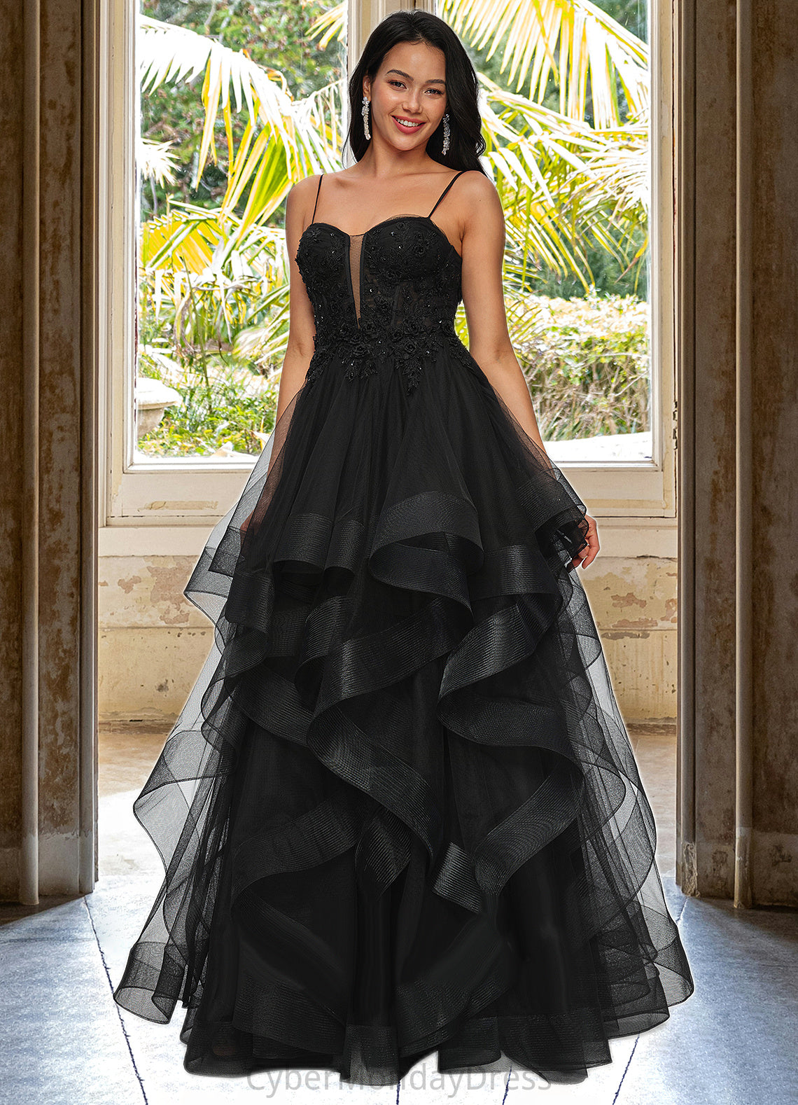 Roberta Ball-Gown/Princess Sweetheart Floor-Length Tulle Prom Dresses With Appliques Lace Sequins DTP0022220