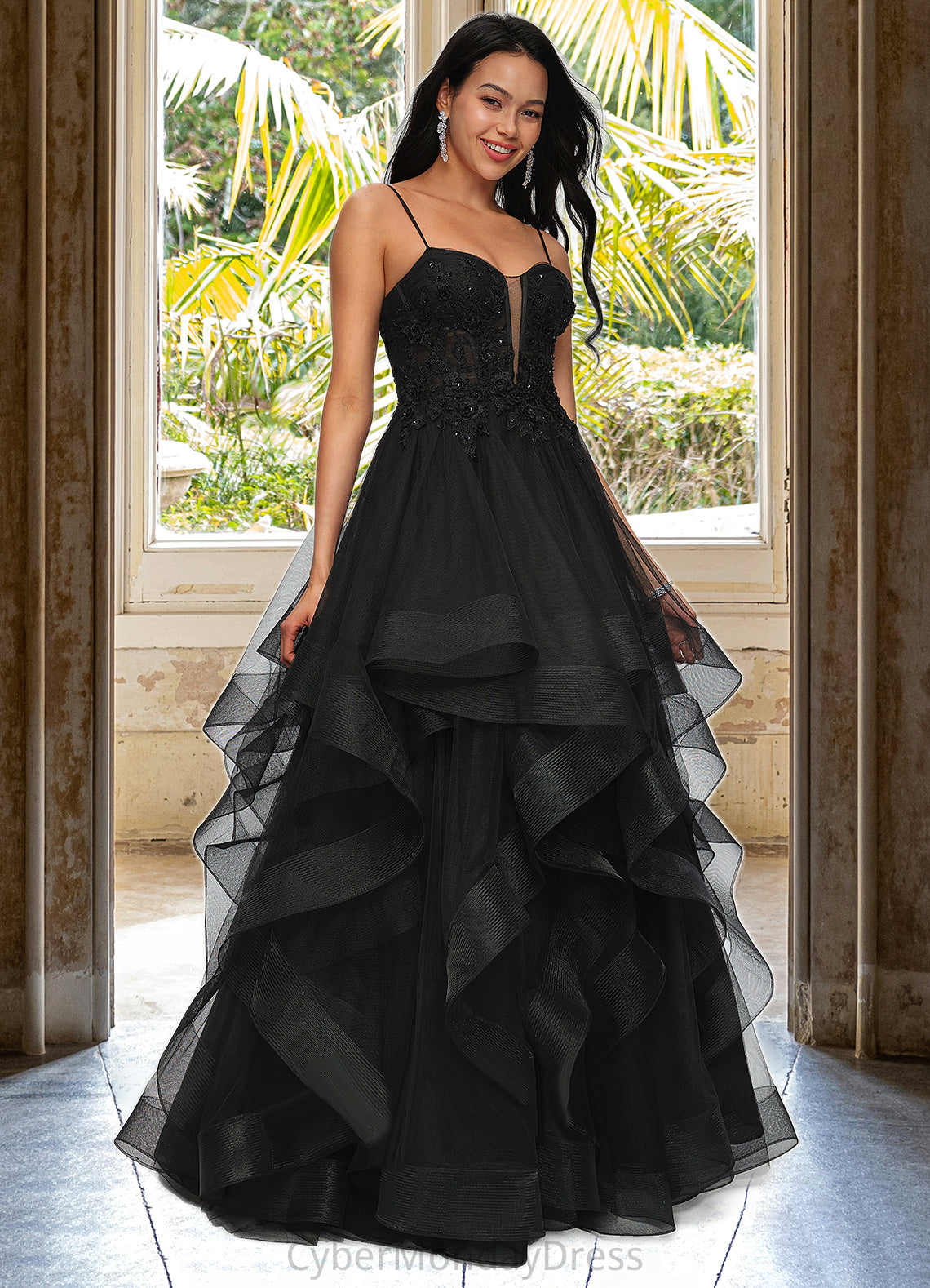 Roberta Ball-Gown/Princess Sweetheart Floor-Length Tulle Prom Dresses With Appliques Lace Sequins DTP0022220