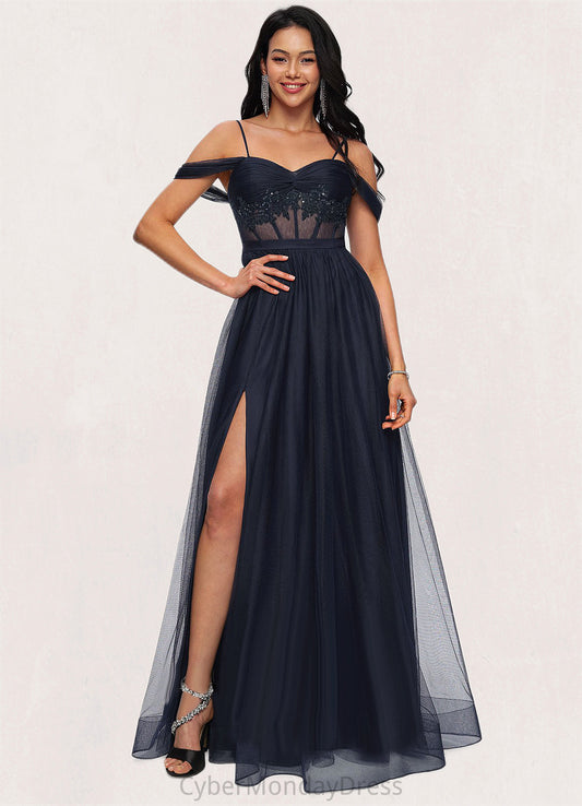 Alma Ball-Gown/Princess Off the Shoulder Floor-Length Tulle Prom Dresses With Appliques Lace Sequins DTP0022221